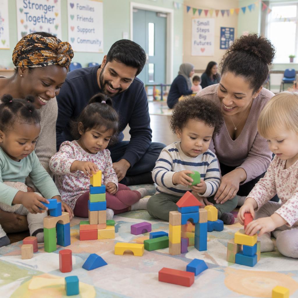 A toddler stacking pastel wooden blocks with a parent’s hands gently helping