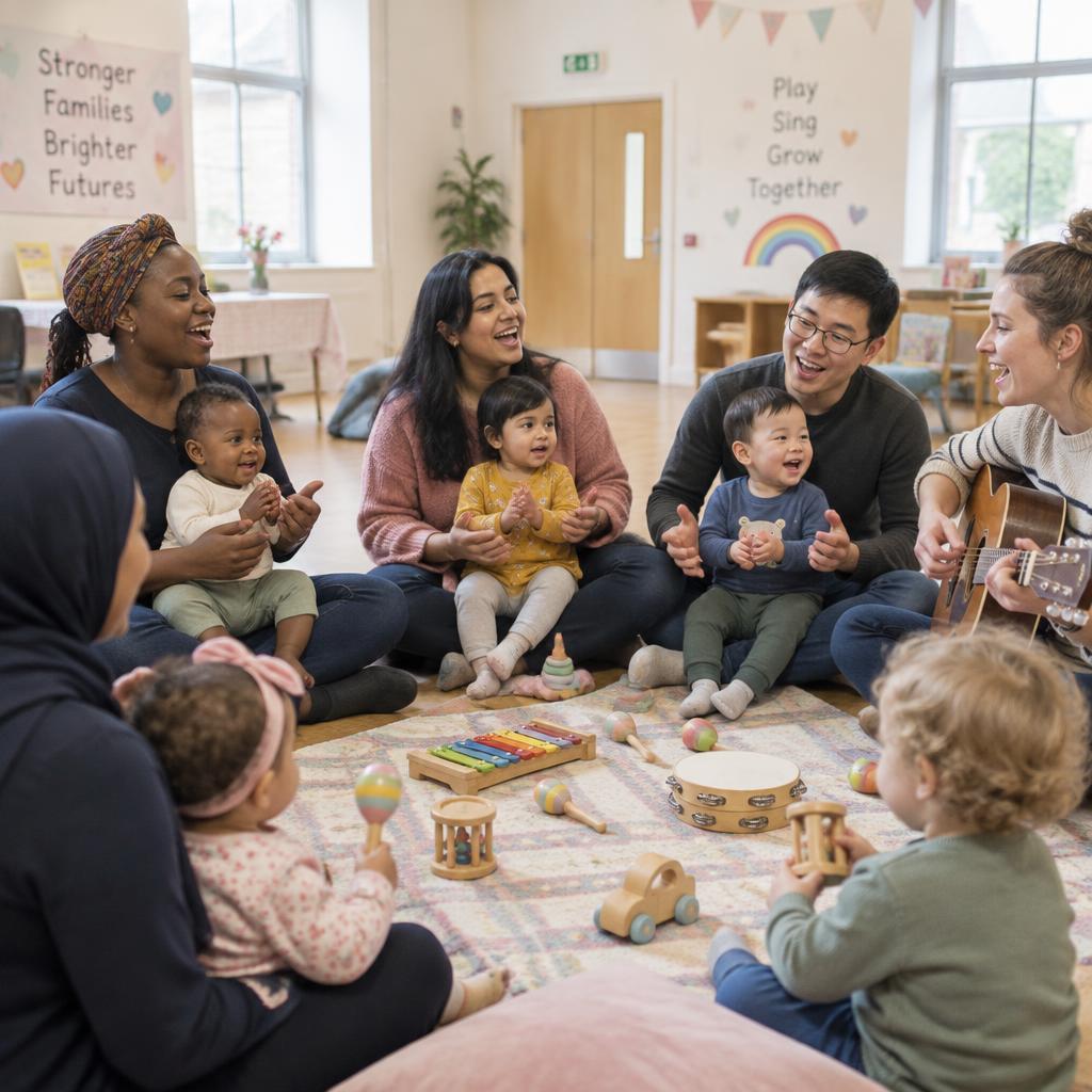 A mum clapping and singing with her toddler on a play mat, with other families playing nearby