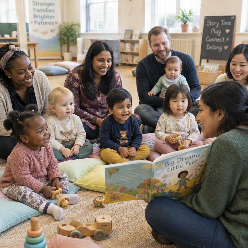 A dad reading a picture book to a baby and a toddler on a rug